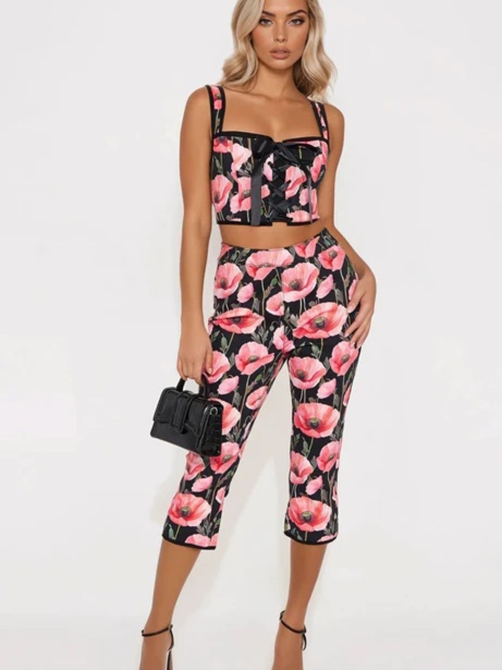 Fashion Nova Black & Pink Floral Crop Bustier with Capri Pants